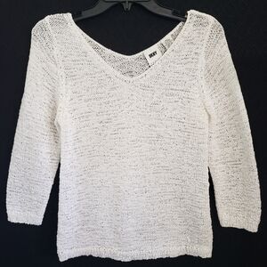 DKNY White Mesh Weave Sheer Pullover Coastal Casual   Classic Preppy Basic M/L